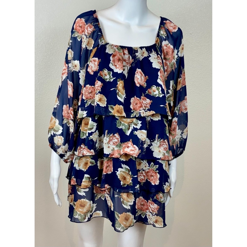 Womens Romantic Layered Flowy Floral Tunic Top Plus Size 18/20 Navy Office